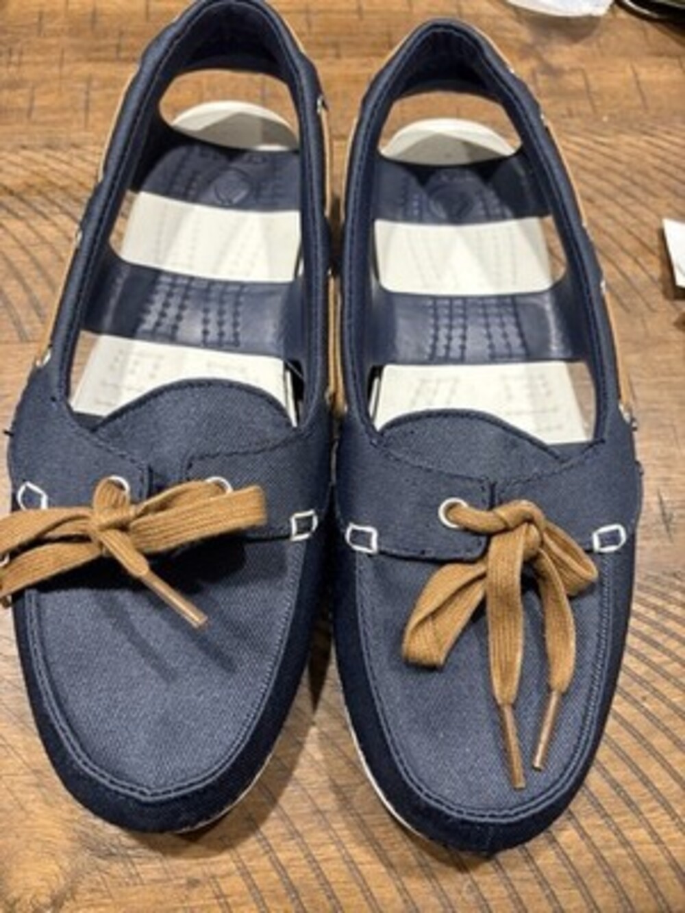 Crocs Beach Line Hybrid Boat Shoes in navy blue with white accents